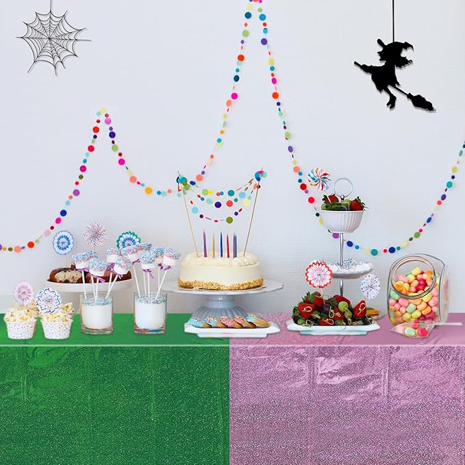 4Pcs Pink Green Holographic Tablecloths Rectangular Iridescent Tablecloth Shimmer Metallic Table Covers for Witch Green and Pink Birthday Decorations, 54 x 108inch