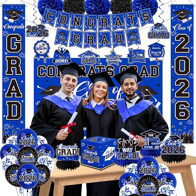 Graduation Decorations 2026 Blue Party Decor Set with Congrats Grad Banner, Class of 2026 Backdrop, Balloons, Box & Streamers Supplies for High School & College Celebrations