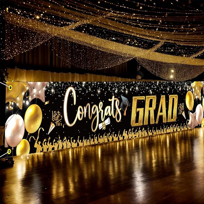 Large Banner and Backdrop for Party, Yard, Garden – Party Supplies for Indoor/Outdoor (Graduation Black)