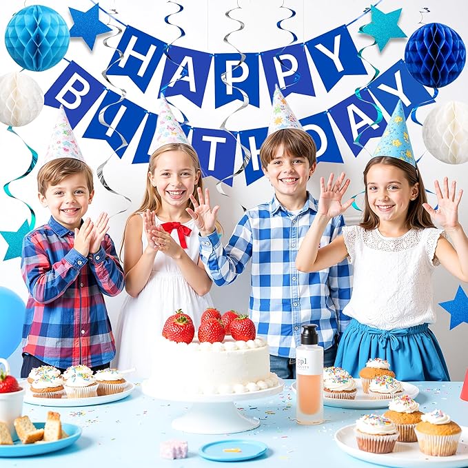 Happy Birthday Decorations Happy Banner with Honeycomb Balls, Swirls Set Happy Decorations Sign for Men Women Boys Girls Birthday Party Supplies Kit for Indoor Outdoor