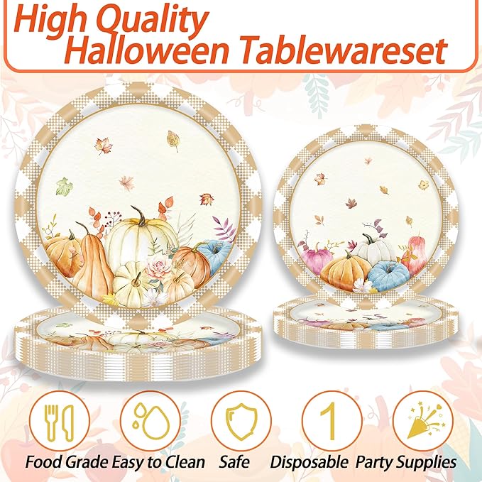 Thanksgiving Party Supplies Decoration Set, 141 Pieces Includes Plates, Napkins, Cups, Tablecloth and Tableware for Thanksgiving Theme Party Decorations, Serves 20