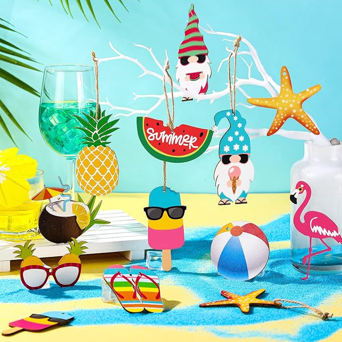 Chunful 36 Pieces Summer Tree Ornaments Christmas in July Wood Hanging Decoration Beach Wooden Slices Winter Tree Ornaments with String for Luau Hawaiian Party Supplies (Classic Style)
