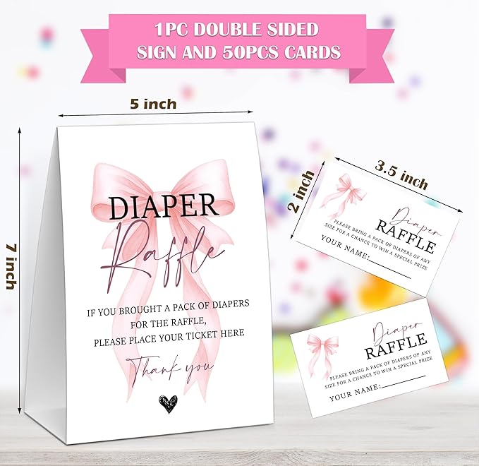 Pink Bow Baby Shower Diaper Raffle, Baby Shower Game, Include One 5×7 Sign and 50 Diaper Raffle Tickets, Pink Coquette Bow Gender Reveal Party Decoration Supplies - FG17