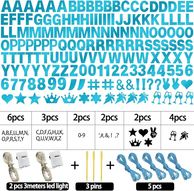 175Pcs Glitter Customizable Banner Kit DIY Custom Letter Banners DIY Boy Happy Birthday Letters 0-9 Numbers Anniversary Personalized Banner Wedding Birthday Party Decoration Supplies(Shiny Light Blue)