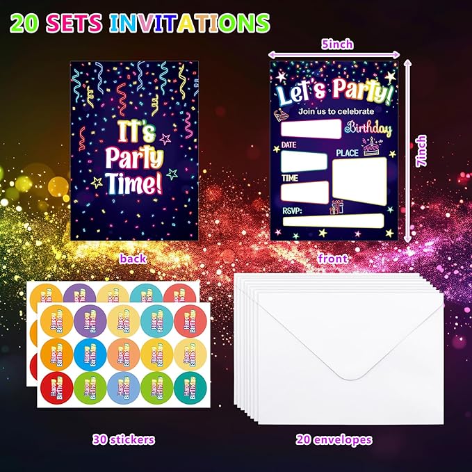 WorldBazaar Neon Birthday Invitations With Envelopes 20 Pack Let's Glow Theme Kids Birthday Party Invitation For Boys Girls Birthday Party Supplies