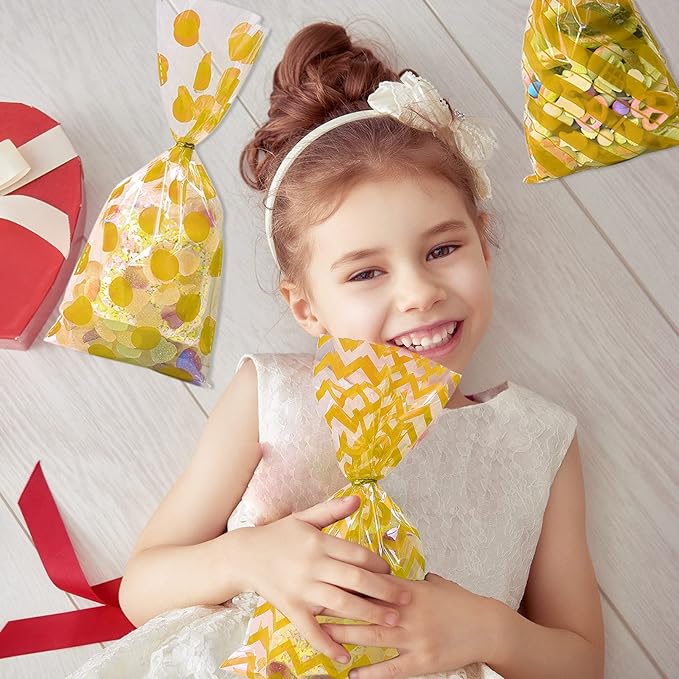 Aneco 100 Pack Gold Cellophane Bags 10.6 x 5.1 Inch Plastic Candy Bags Gift Bag Goodie Bag with Twist Ties for Valentine, Birthday, Gift Cookie Snack Packing Party Favor Supplies