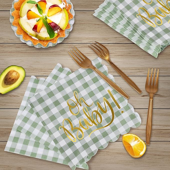 96PCS Sage Green Party Supplies Disposable Oh Baby Paper Plates Napkins Forks for Baby Shower, Neutral Gender Reveal Decorations Serves 24