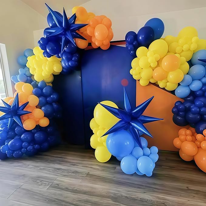 Navy Blue and Orange Garland Arch Kit, Orange and Yellow Balloons Light Baby Royal Blue with Foil Star Balloon for Kids Boys Baby Shower Birthday Graduation Gun Theme Party Decorations Supplies