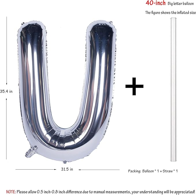 Letter Balloons 40 Inch Giant Jumbo Helium Foil Mylar for Party Decorations Silver U