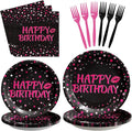 Grencian 96Pcs Hot Pink and Black Birthday Party Supplies Hot Pink Dots on Black Paper Plates and Napkins Disposable Happy Birthday Tableware Set for Women Black and Pink Birthday Decorations Serves24