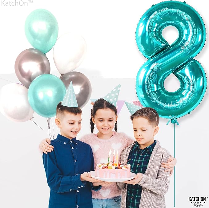 KatchOn, Giant Blue Teal Number 8 Balloons - 40 Inch || Aqua Teal Number Balloons for Happy 8th Birthday Decorations for Girls & Boys | Balloon For 8 Happy Anniversary Decorations