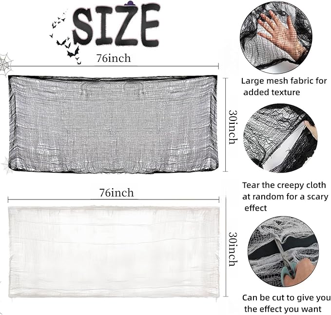 Halloween Creepy Cloth - 8 Pack (4 Black/4 White)- 76x30 Inch Cotton Gauze Fabric - DIY Spooky Decor for Haunted House,Spider Web,Ghost - Indoor Outdoor Halloween Party Decorations