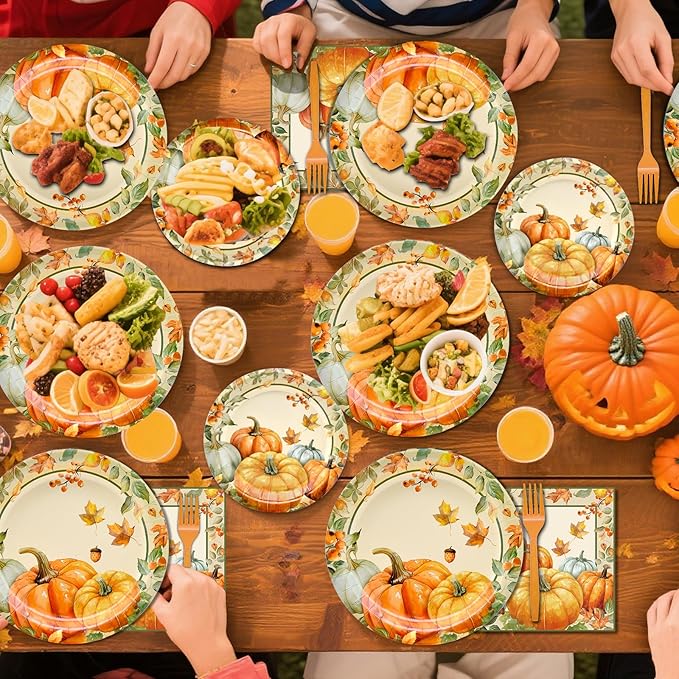 96 Pieces Fall Plates and Napkins Thanksgiving Tableware Set, Pumpkin Maple Leaf Disposable Dinnerware with Paper Plates, Napkins, and Forks for Thanksgiving Autumn Harvest Party Supplies- Serves 24