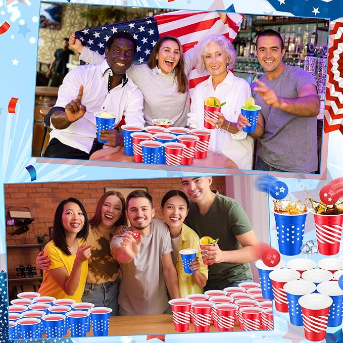32 Pcs Red Blue White Party Game Set Include 16oz Patriotic Plastic Cups with 8 Star pattern Balls,4th of July Cups Memorial Independence Day Veterans Labor Juice Beverage Toss Game Supplies
