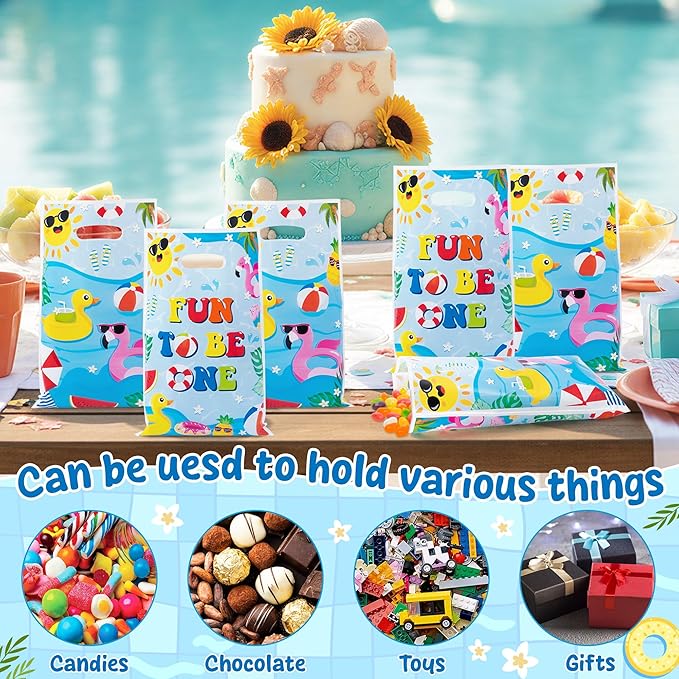 Summer Pool Party Favor Bag - 50Pcs Summer Fun to Be One Goodie Candy Treat Gift Bag Beach Ball First Birthday Theme Party Decoration for Kids Beach 1st Birthday Hawaiian Swimming Pool Events Supplies