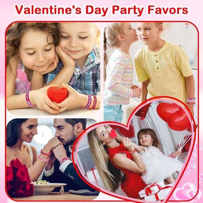 Valentine's Day Rubber Bracelets Bulk - 30PCS Valentines Day Gifts for Kids Valentines Party Favors Supplies Silicone Wristbands Goodie Bag Stuffers Treats Classroom Prizes Accessories Decorations
