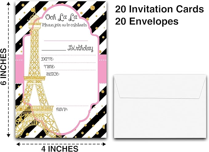 DETIHO 4" x 6" Paris Theme Birthday Party Invitation Cards With Envelopes - Fill In Style Party Invitation - 20 Sets - E21