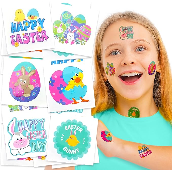 Easter Basket Stuffers for Kids, 144 Pack Easter Tattoos for Kids, Individual Temporary Tattoos Easter Themes, Fake Tattoo Stickers, Egg Fillers, Easter Treats, Easter Toys, Easter Basket Essentials