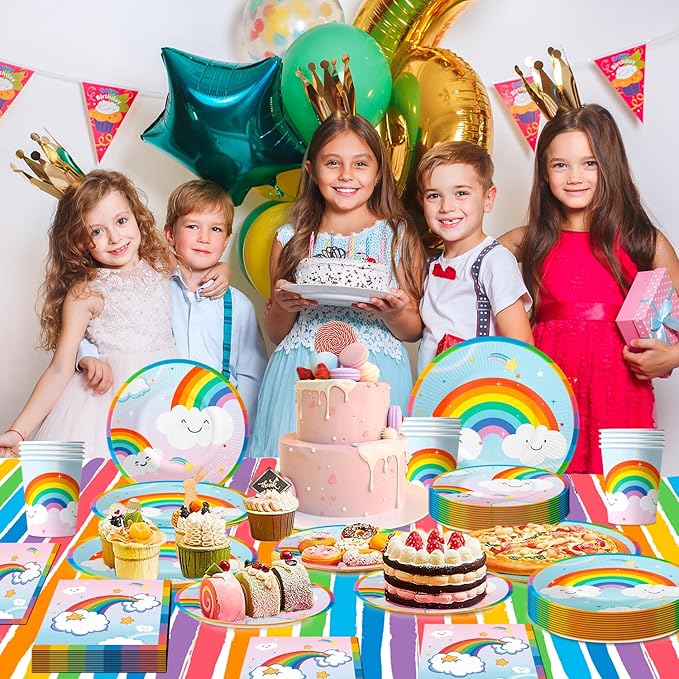 20 Guests Rainbow Birthday Party Tableware, Include Colorful Plates Cups Napkins Tablecloth etc Rainbow Birthday Party Decorations