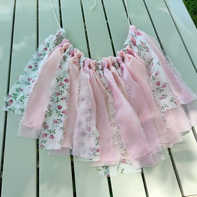 Pink Floral Tsaasel Garland for Wedding Spring Tea Party Haning Chiffon Tassel Banner Table Decor