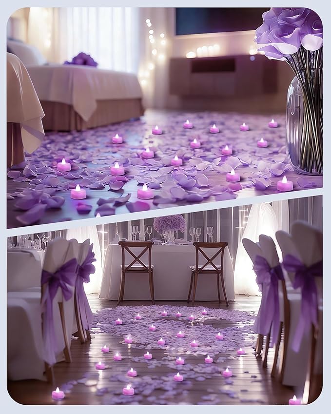 Amagic 2000 Pieces Light Purple Artificial Rose Petals with 24 Light Purple LED Tea Lights, Rose Petals and Candles Set for Proposal, Anniversary, Romantic Night, Wedding Decor