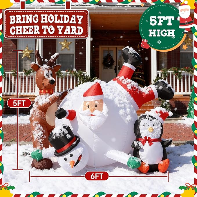 JOYHALO 6FT Christmas Inflatable Outdoor Decorations, Snowball Rolling Scene with Santa Claus, Penguin, Reindeer & Snowman, Build-in LED Lights, Blow Up for Indoor Yard Lawn Party Decor