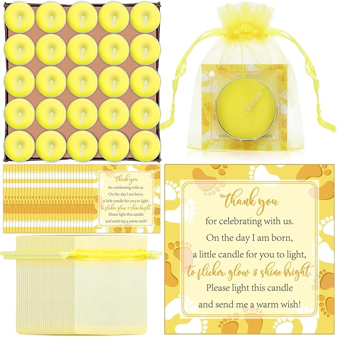 50 Sets Baby Shower Party Favors Including 50 Pcs Unscented Tealight Baby Shower Candles Gift Bags Cards for Gender Reveal Party Supplies(Yellow)
