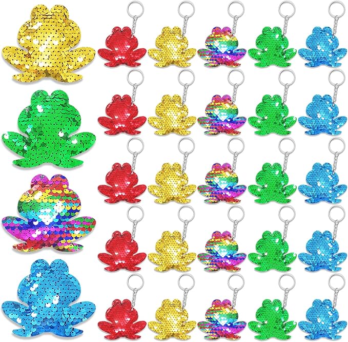 CiciBear 25 Pack Frog Sequin Keychains for Green Frog Girls Baby Shower First Birthday Reptile Camping Themed Party Favors, Kids and Adults Birthday Gift, Baby Shower, Party, 5 Colors
