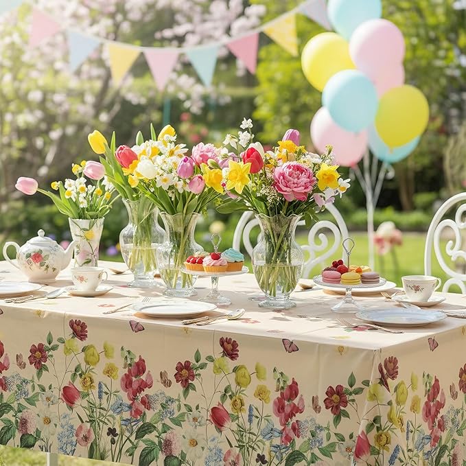 3 Pack Spring Floral Plastic Tablecloths, 54×108Inch Tea Party Tablecloth Rectangle Vintage Table Cloth Butterfly Wildflower Porcelain Table Decor for Easter Mother's Day Birthday Garden Wedding