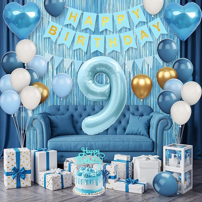 9th Birthday Decorations Blue White Gold,9th Birthday Balloons with Happy Birthday Banner Fringe Curtain Heart Foil Balloons for Boys Girls 9 Year Old Birthday Decor