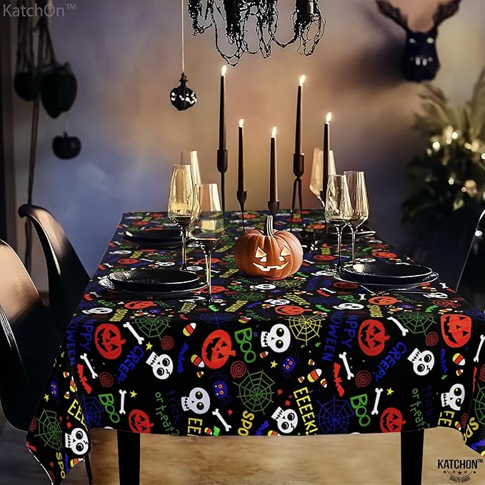 KatchOn, Plastic Halloween Tablecloth- XtraLarge 54x108 Inch, Pack of 3 | Plastic Table Cover for Halloween Decorations Indoor | Spooky Table Cloth, Spooky Party Decorations | Happy Boo Day TableCloth