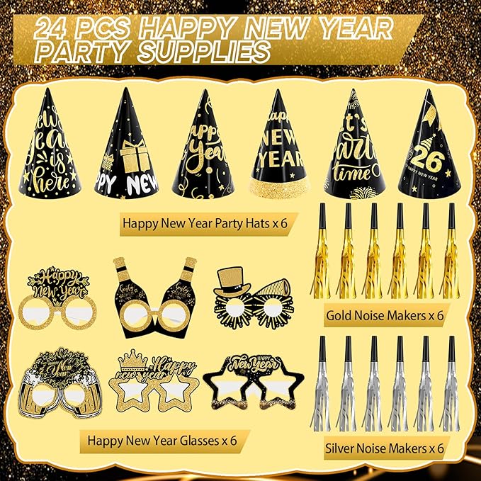 Openfly 24Pcs New Years Eve Party Supplies 2026 Happy New Years Party Headband Hats New Year Glasses New Year Noise Makers