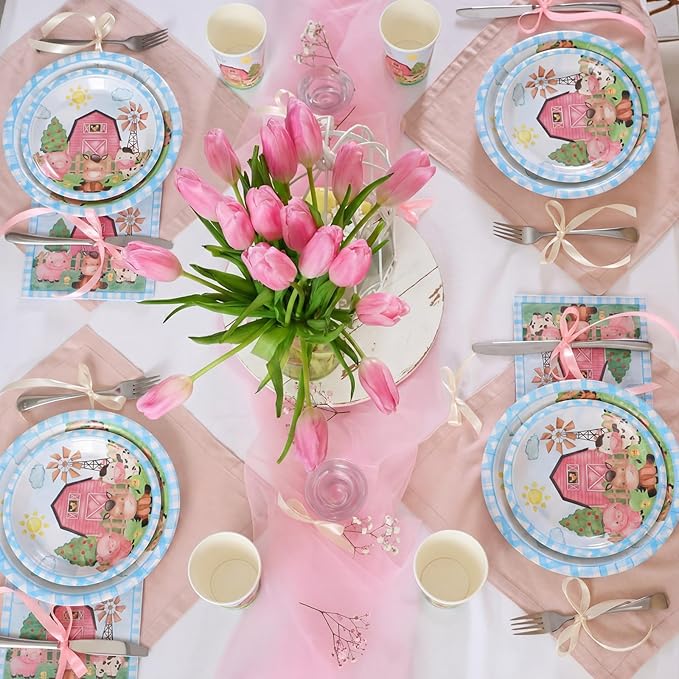 Pickmesh 250 Pcs Farm Animals Party Supplies Decorations Serve 50 Blue Farm Birthday Barn Animal Theme Disposable Paper Plates Napkins and Cups Dinnerware Cute Animal Baby Shower Party Decorations