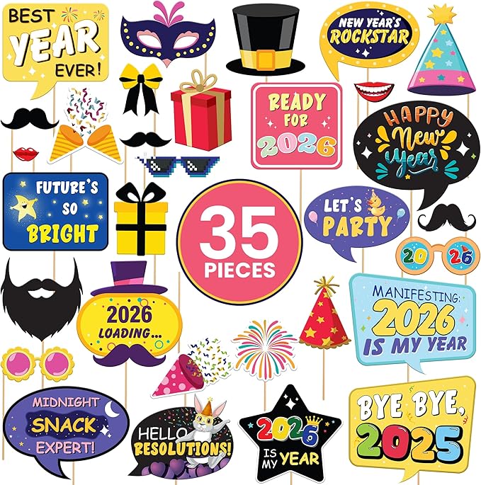 KatchOn, New Years Photo Booth Props 2026 with Bye Bye 2025 - Pack of 35 | New Years Eve Photo Booth Props for Happy New Years Decorations 2026 | New Years Eve Party Supplies 2026 | NYE Decorations