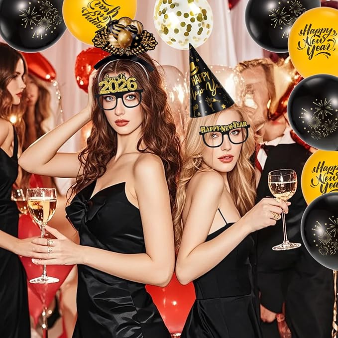 48 Pieces New Years Eve Party Supplies 2026, Happy New Year Decorations Kit Includes Party Headband Tiaras Noise Makers Cone Hats Latex balloons for NYE Decorations