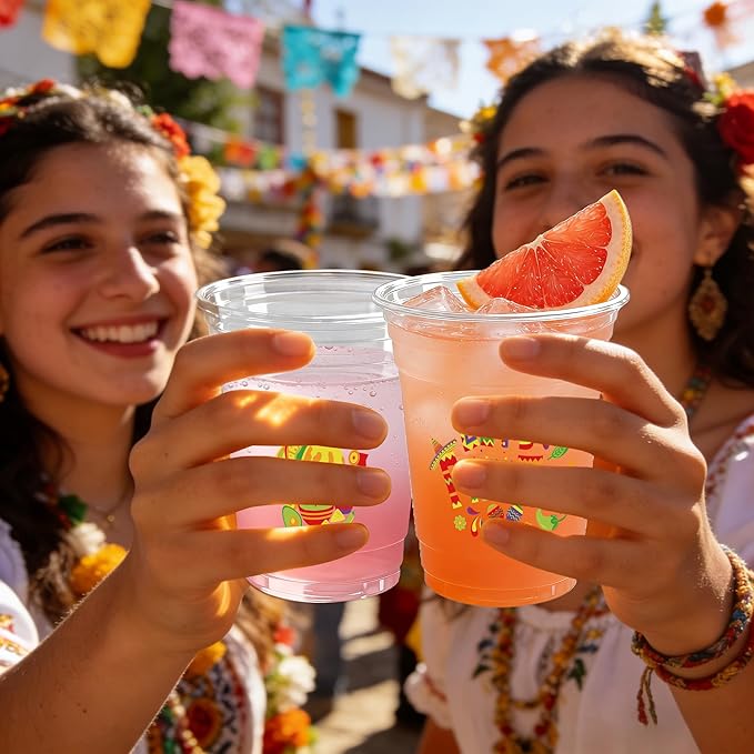 100 Pack Fiesta Plastic Cups 12 oz Mexican Cinco De Mayo Disposable Cups Mexican Party Favor Drinking Beverage Cup for Taco Birthday Hispanic Heritage Month Party Supplies