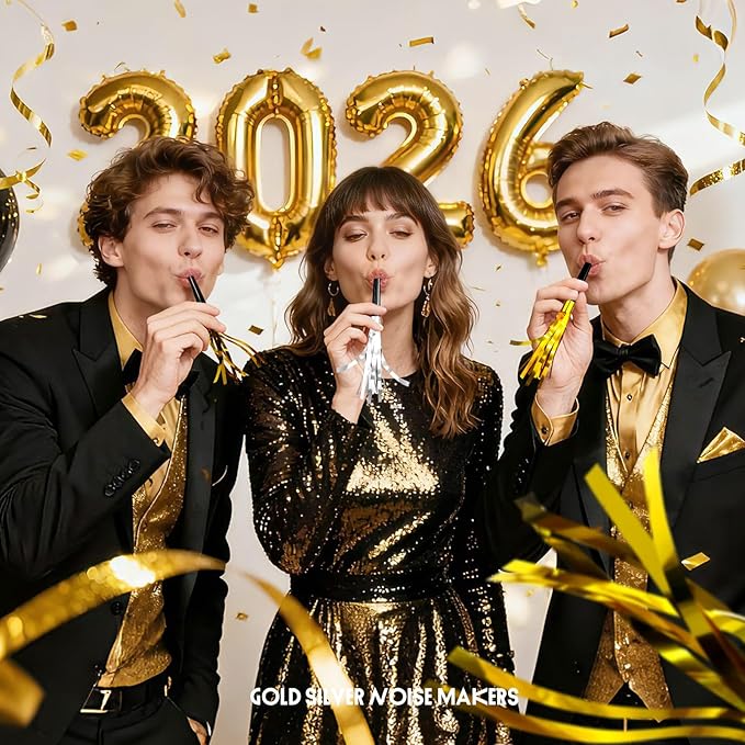 24-Pack Gold and Silver Noise Makers | Elegant Glitter & Metallic Fringed Party Blowers for Adult Events – Birthday, Graduation, Sports & New Year’s Favors