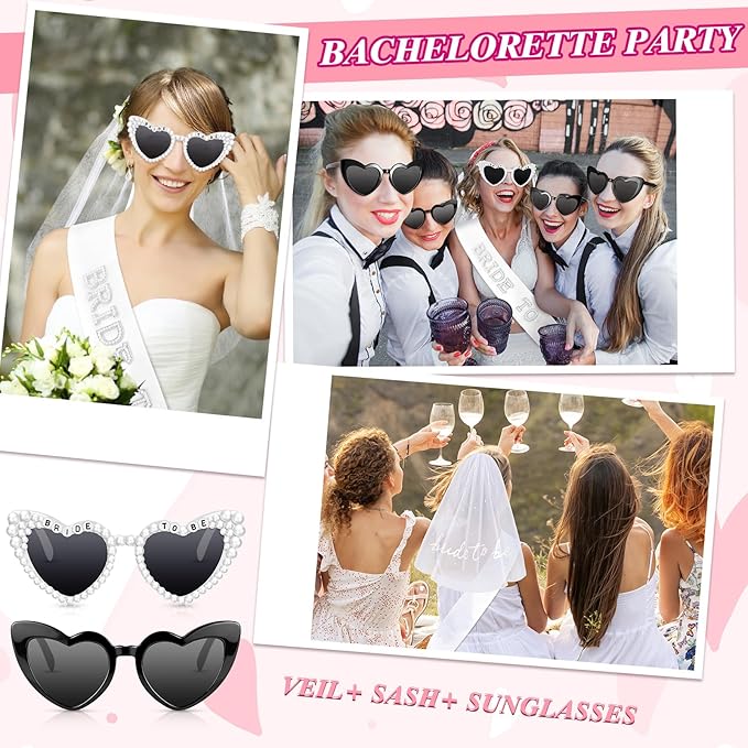 8 Pcs Bachelorette Party Bride to Be Decorations Pearl Heart Sunglasses Pearl Sash Bridal Veil for Wedding Engagement Bridal Shower Favors