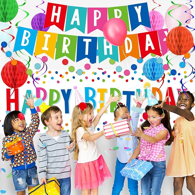 Happy Birthday Decorations Kit: Happy Birthday Banner,Birthday Dots Design Plastic Backdrop, Circle Confetti Garland, Swirl Streamers, Honeycomb Balls & Party Balloons - Table Centerpiece Set