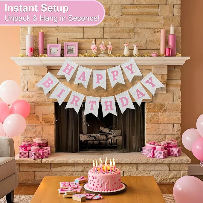 Happy Birthday Banner - Pre‑Strung Burlap Birthday Decorations and Reusable Birthday Sign for Men, Women & Kids | Party Supplies Backdrop (Pink)
