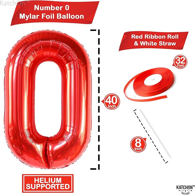 Giant, Red 0 Balloon Number - 40 Inch | 0 Digit balloon, Red Party Decorations | Red Zero Balloon, Number 0 balloons For Turning red Happy Birthday Decorations