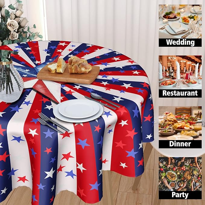 4th of July Tablecloth 70 Inch Round Memorial Day Patriotic Tablecloth Washable Polyester Fabric American Flag Table Cloth Independence Day Table Cover For Dining Room Picnic Kitchen Outdoor Decor