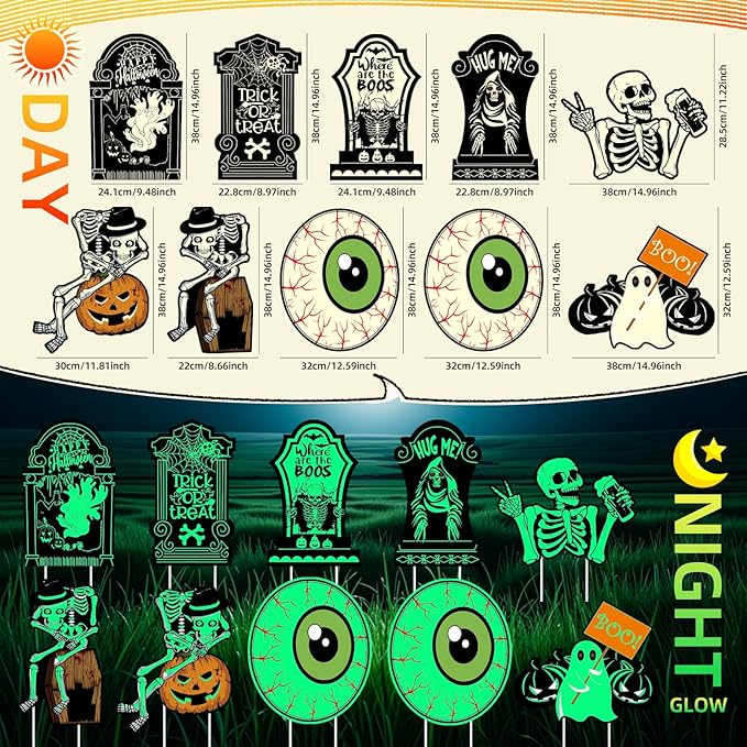 10 PCs Halloween Decorations Outdoor Tombstone Yard Sign with Stakes Glow in The Dark Graveyard Tombstones Pumpkin Ghost Props for Family Home Front Yard Lawn Garden Halloween Party Decor
