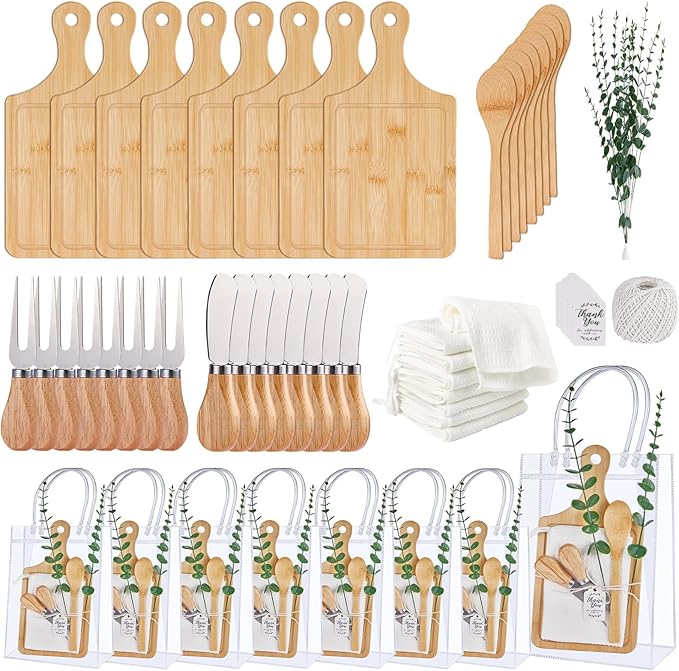 Baby Shower Prizes for Game Winners Bamboo Cheese Board Spoon Fork Butter Spreaders Plaid Towel Thank You Card and Gift Bags for Baby Shower Wedding Bridal Shower Favors (Bamboo, 8 Sets)