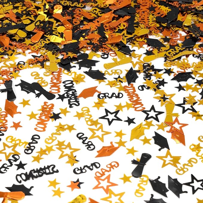 Orange Gold and Black Graduation Confetti 2026, 1000 Pcs Congrats Grad Confetti Class of 2026 Party Table Centerpiece for 2026 Graduation Party Decorations