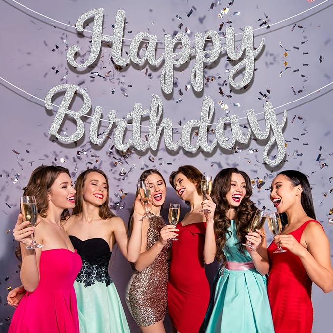 Glitter Happy Birthday Banner Sign Birthday Garland Wall Door Banners Flag for Women Men Boys Girls Party Backdrop Decorations Silver