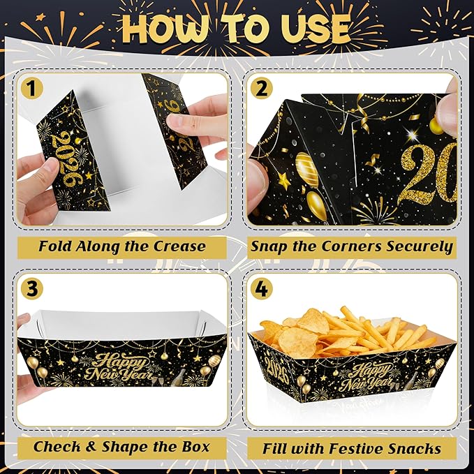 50Pcs New Year Eve Food Trays, 5.94" x 3.34" x 2.16" NYE Party Supplies 2026 Food Boats, Black Gold Serving Trays for Hot Dog Popcorn Taco, Disposable Snack Boats for New Year Decorations