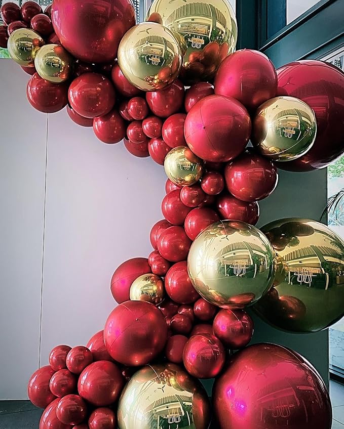 Red and Gold Round Balloons Foil, 12 Pcs Round Shaped Balloon 4D Different Size 22" 18" 15" 10", Metallic Gold Red Balloons for Xmas Prom Graduation Baby Shower Birthday New Years Party Decorations