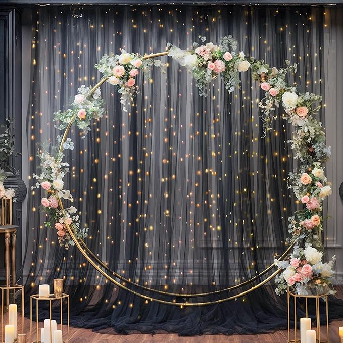10x10ft Black Tulle Backdrop Curtain with Lights String for Parites, Sheer Photo Backdrop Curtains for Wedding Baby Shower Birthday Party Photo Shoot Decorations