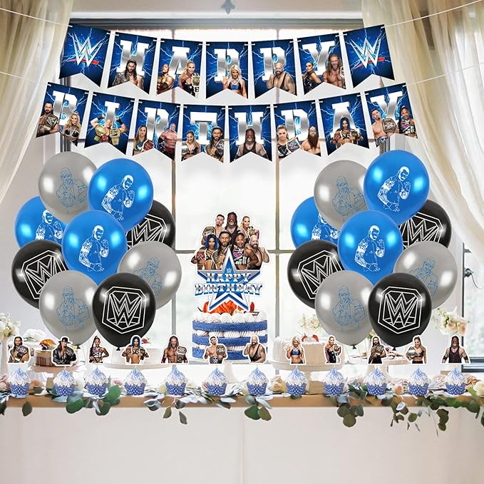 Wrestling Birthday Party Decorations Supply Set for Kids with Happy Birthday Banner, Cake Topper, Cupcake Toppers, Balloons for Party Decorations (Party set)